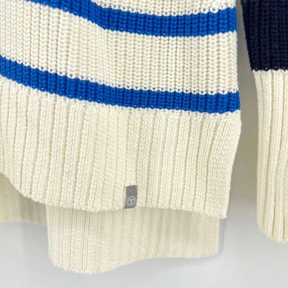 Talbots Multi Stripe Crewneck High-Lo Sweater Large Petite Ivory Blue Thumbholes